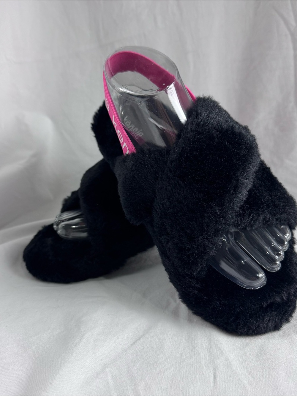 Kensie Black Faux Fur Slide House Shoes with Pink Trim